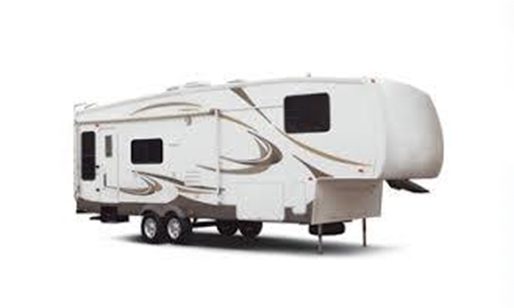 A white rv with brown accents parked on the side of road.