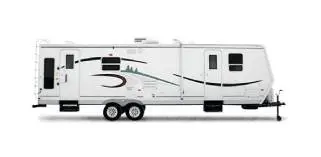 A white trailer with green and black accents.